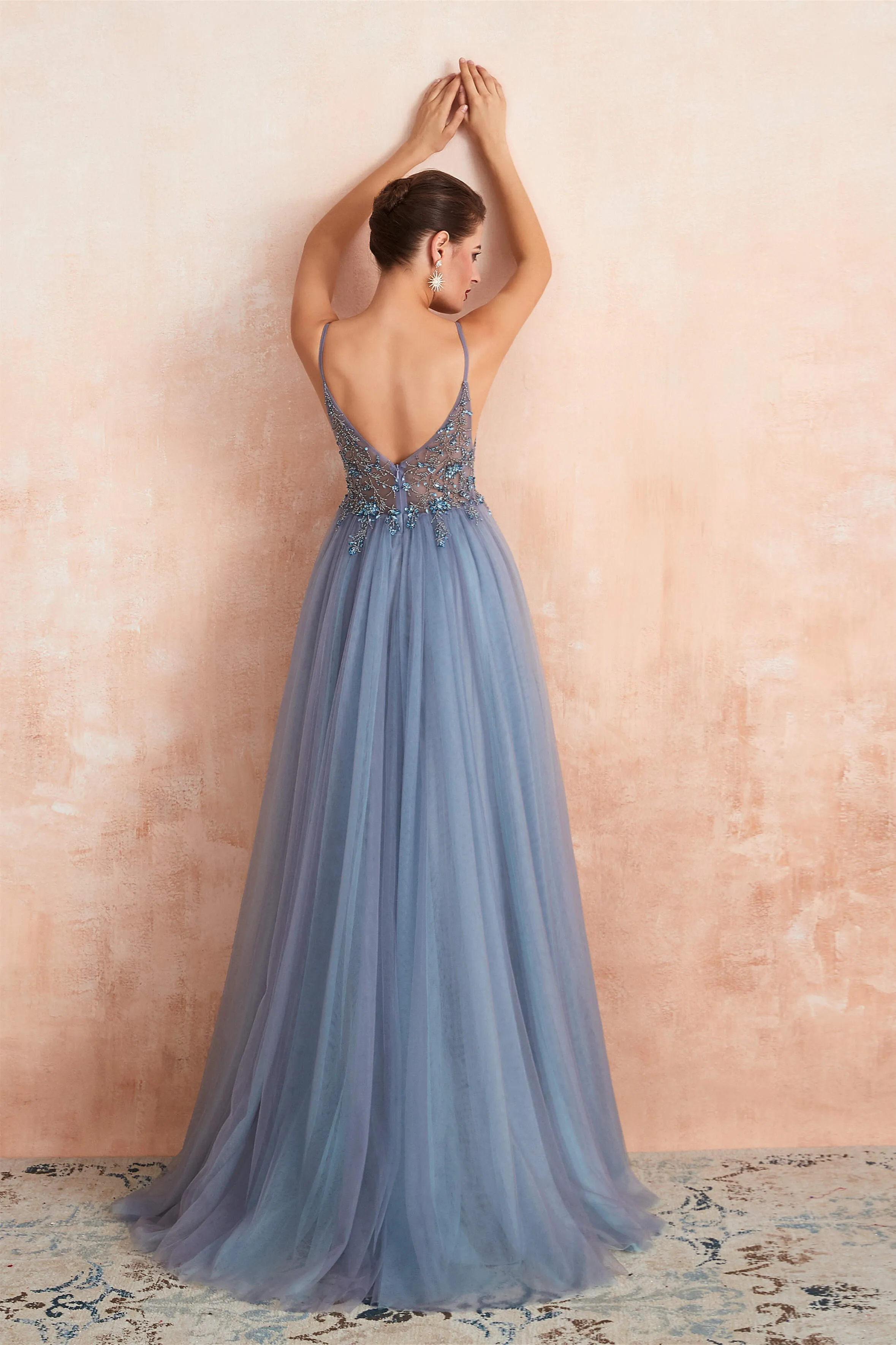 Spaghetti Straps V-neck Sheer Top Tulle Long Prom Dresses with Side Slit